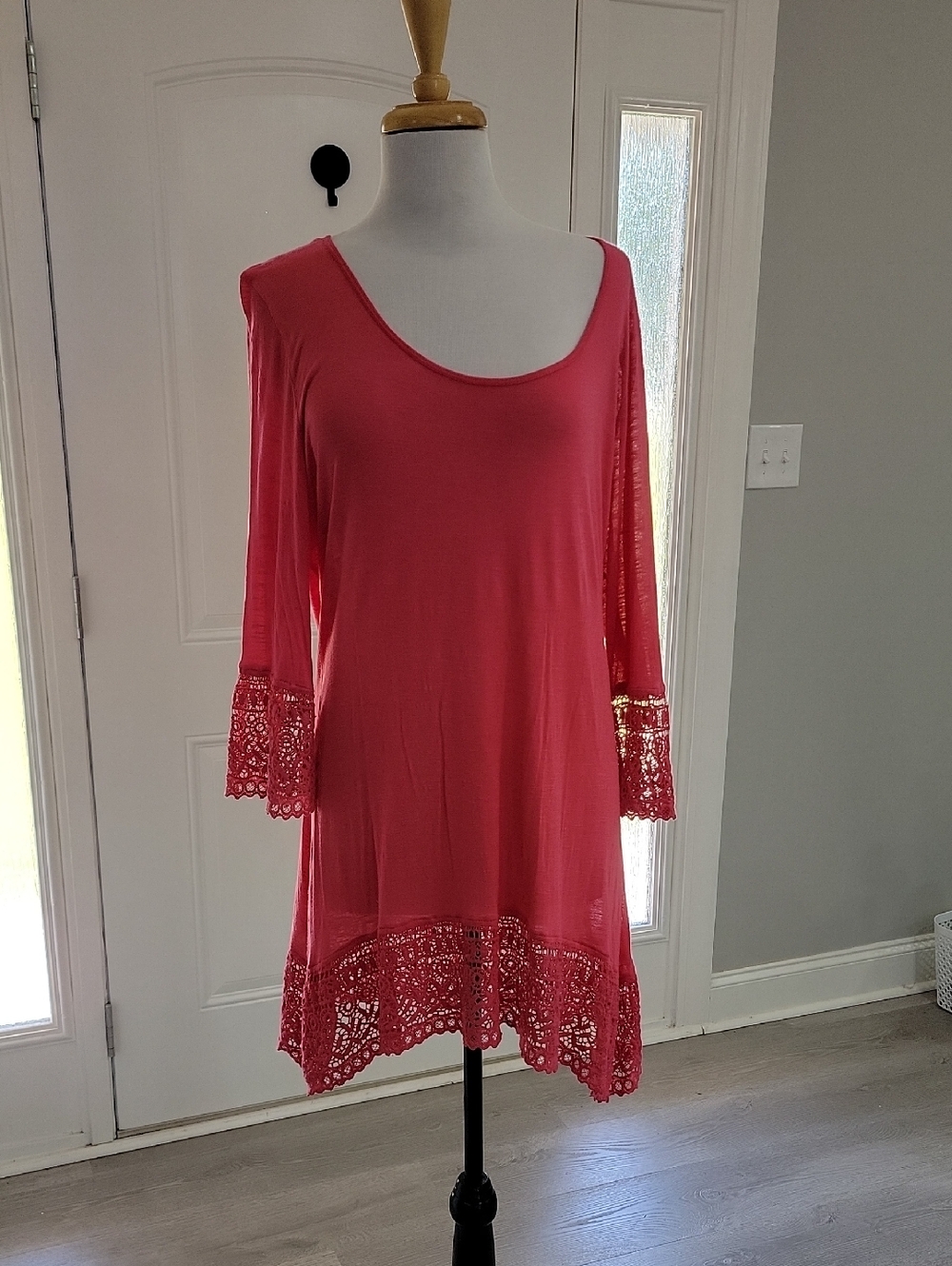 Women’s Coral Pink Swim Cover-Up Tunic with Lace Trim